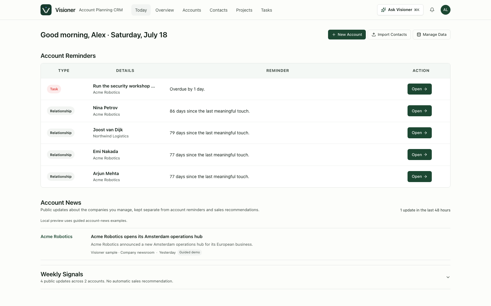 Visioner portfolio workspace showing revenue progress and projects across strategic accounts